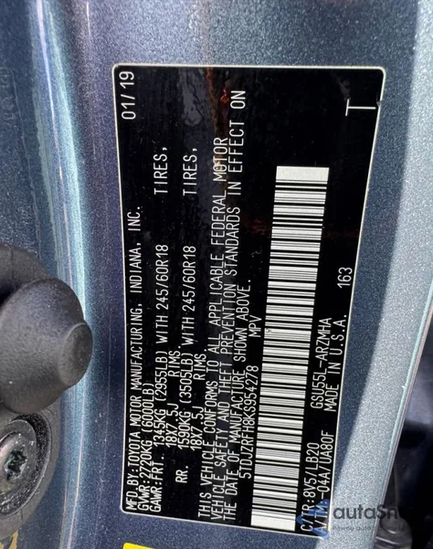 2019 Toyota Highlander Se from USA, damaged, VIN 5TDJZRFH8KS954278